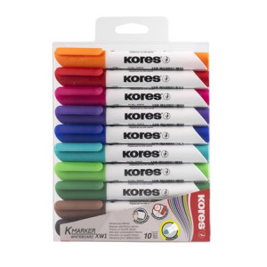 Popisovač na biele a flipchartové tabule, sada, sada, 3 mm, kužeľový hrot, KORES "K-Marker XW1", 10 rôznych farieb