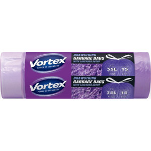 Vrecia na odpadky, so sťahovacou páskou, 35 l, 15 ks, 50 × 60 cm, HDPE, 15 µ, VORTEX, s levanduľovou vôňou