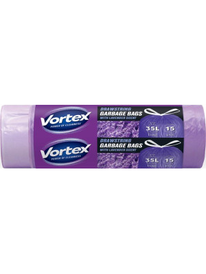 Vrecia na odpadky, so sťahovacou páskou, 35 l, 15 ks, 50 × 60 cm, HDPE, 15 µ, VORTEX, s levanduľovou vôňou Vrecia na odpadky, so sťahovacou páskou, 35 l, 15 ks, 50 × 60 cm, HDPE, 15 µ, VORTEX, s levanduľovou vôňou