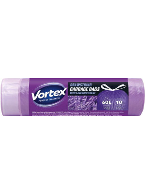 Vrecia na odpadky, so sťahovacou páskou, 60 l, 10 ks, 60 × 70 cm, HDPE, 15 µ, VORTEX, s levanduľovou vôňou Vrecia na odpadky, so sťahovacou páskou, 60 l, 10 ks, 60 × 70 cm, HDPE, 15 µ, VORTEX, s levanduľovou vôňou