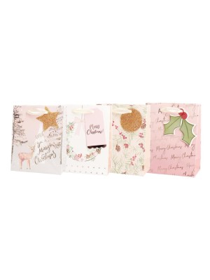 Vianočná papierová taška 115x145mm textilné ušká vo farbe tašky mix 4 ružových motívov bez možnosti výberu