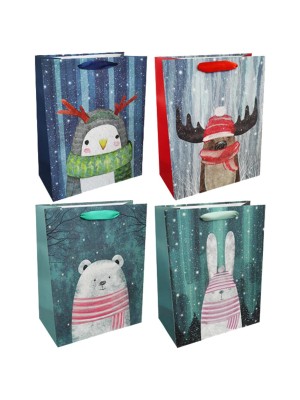 Vianočná papierová taška 260x320mm textilné ušká vo farbe tašky mix 4 zvieracích motívov bez možnosti výberu